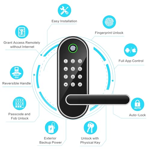 Fingerprint Smart Door Lock with Handle & Keypad, Keyless Entry App Remote Access, Alexa & Google Compatible