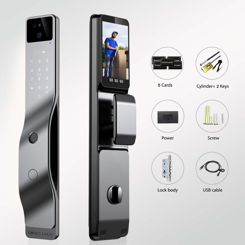 3D Face Recognition Smart Door Lock with Camera, Palm Vein Fingerprint Keyless Entry Deadbolt, App Control, Auto-Lock