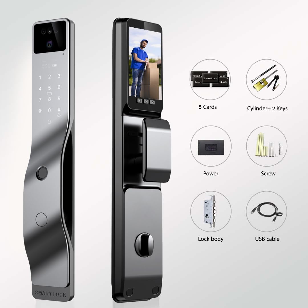 3D Face Recognition Smart Door Lock with Camera, Palm Vein Fingerprint Keyless Entry Deadbolt, App Control, Auto-Lock