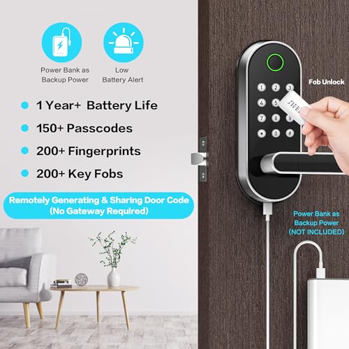 Fingerprint Smart Door Lock with Handle & Keypad, Keyless Entry App Remote Access, Alexa & Google Compatible
