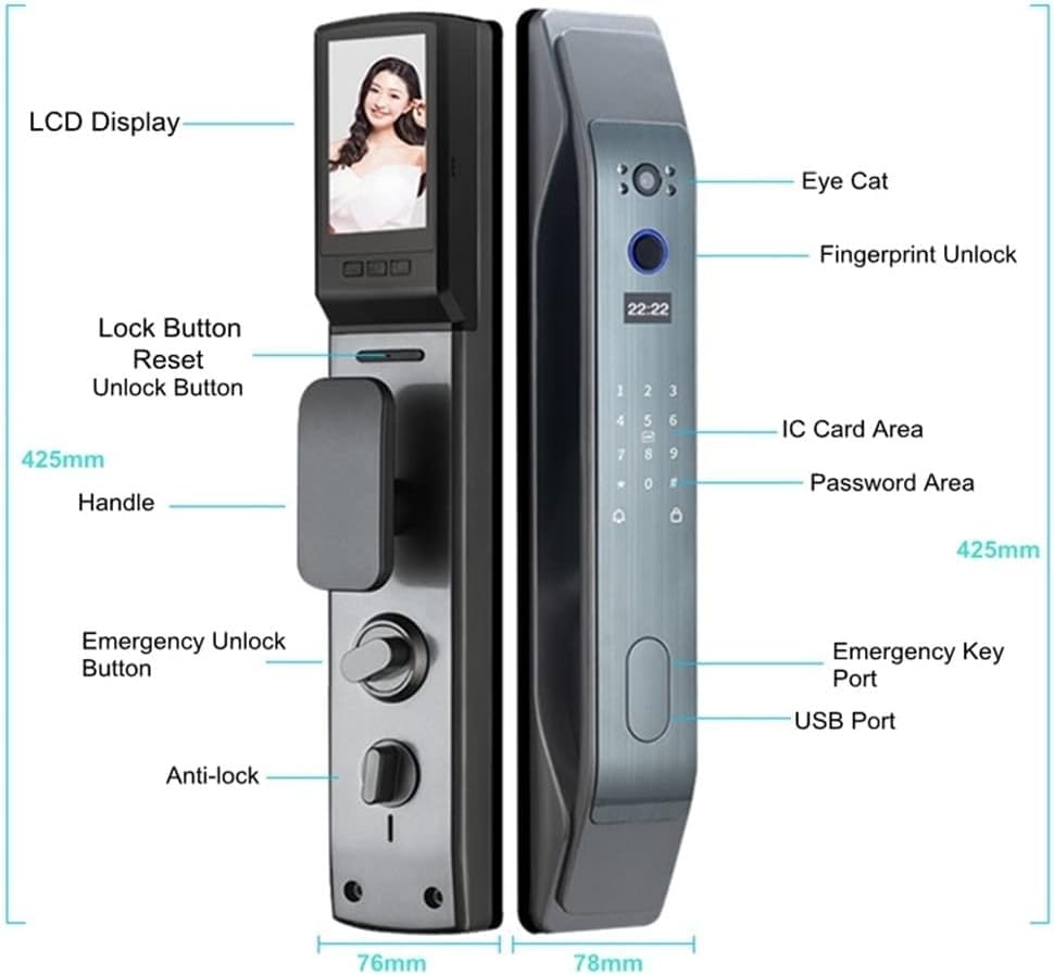 App Remote Fingerprint Smart Door Lock (IC Card & Password Unlock, USB Emergency Power)