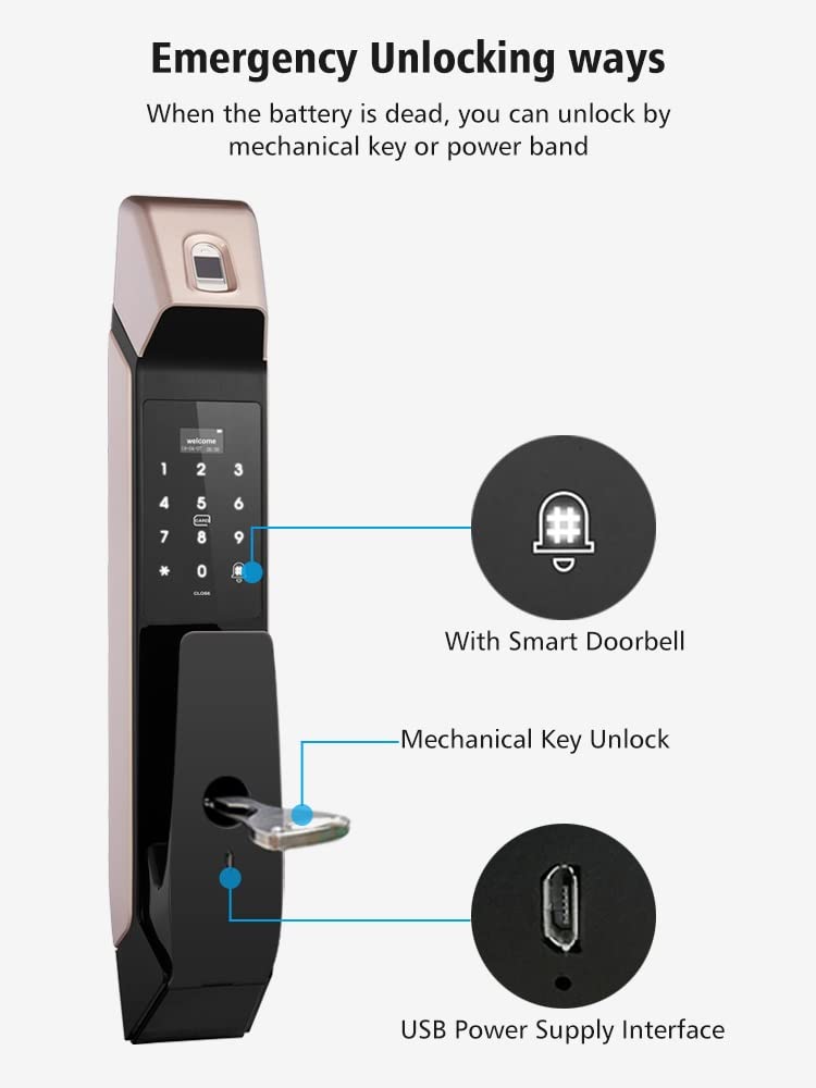 Fingerprint Keyless Smart Door Lock with Doorbell (Auto Lock, Card & Password)