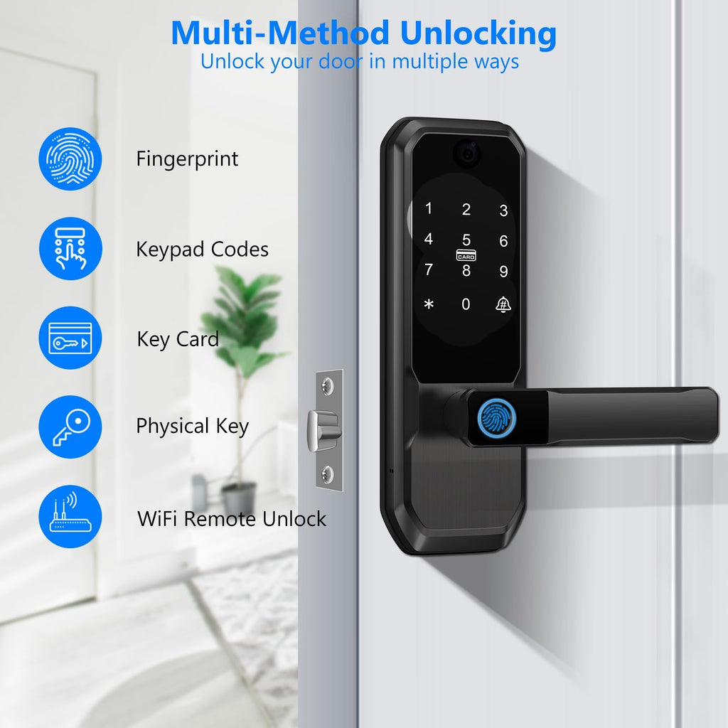 Video Smart Door Lock with Doorbell & Camera, Fingerprint Keypad Handle Lock, App Remote Keyless Entry Deadbolt for Office