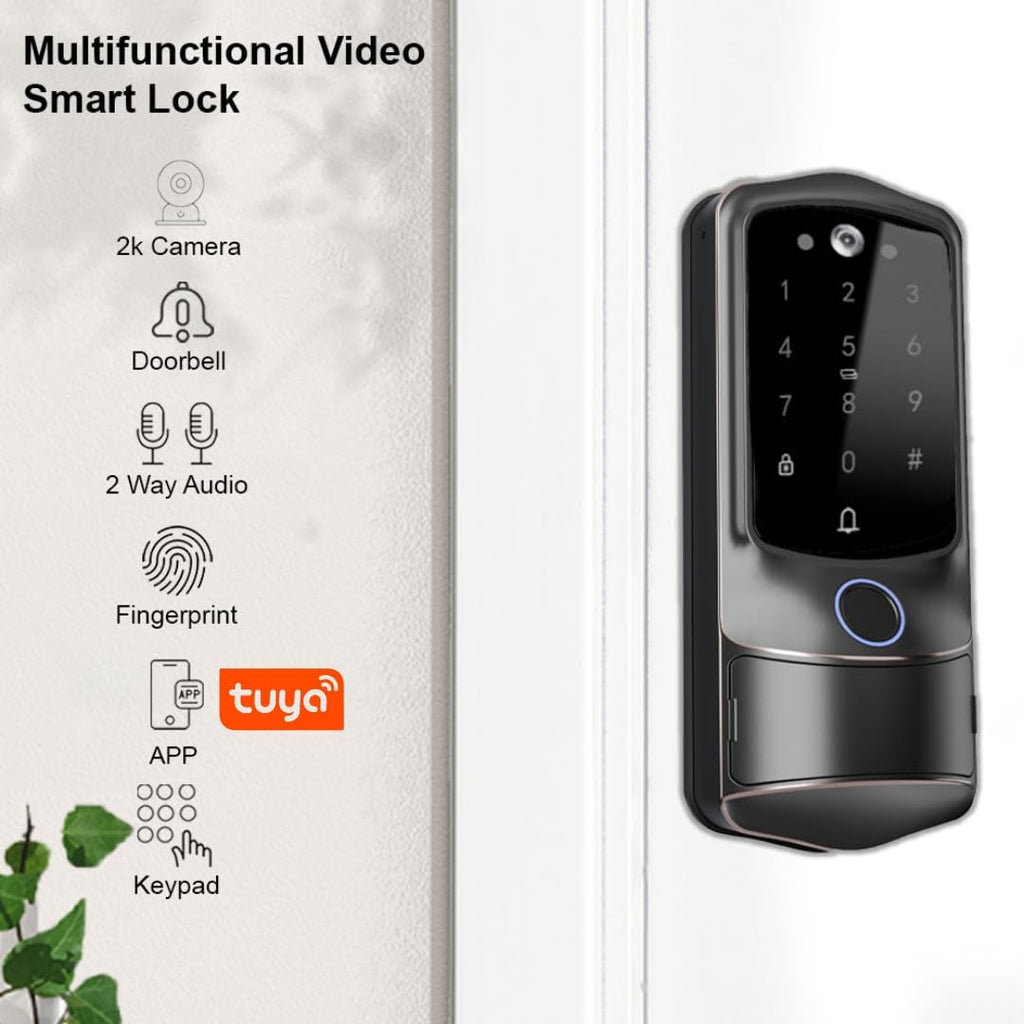 2K Camera Fingerprint Smart Door Lock (WiFi App, Video Doorbell, Airbnb Use)
