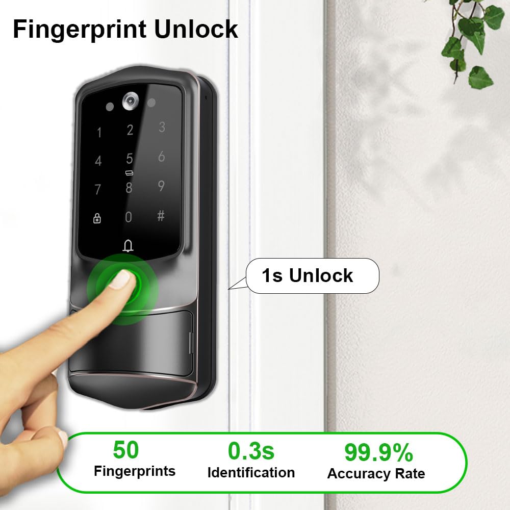 2K Camera Fingerprint Smart Door Lock (WiFi App, Video Doorbell, Airbnb Use)