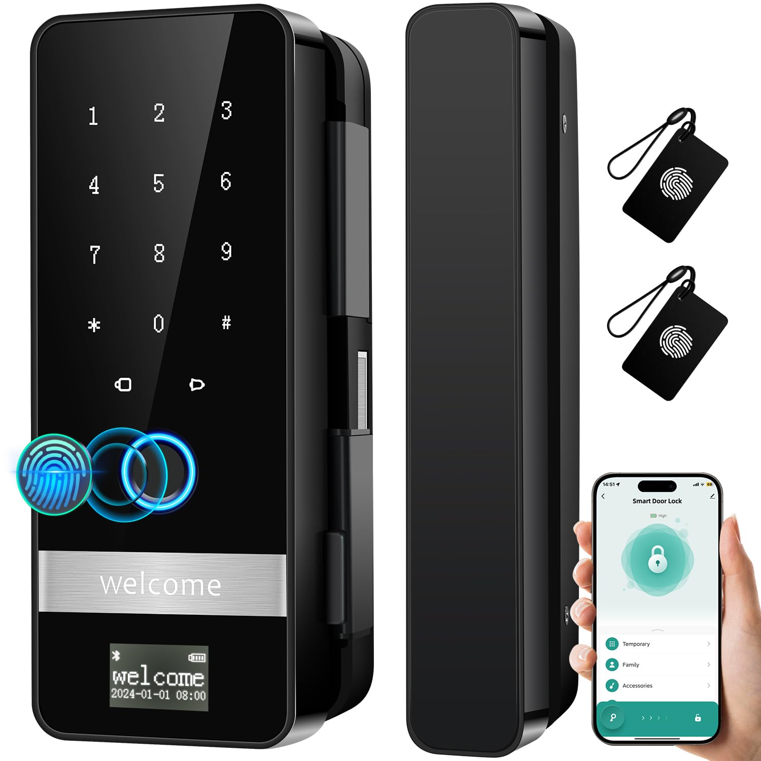 Smart Glass Door Fingerprint Keypad Lock (App Control, Sliding Door Use)