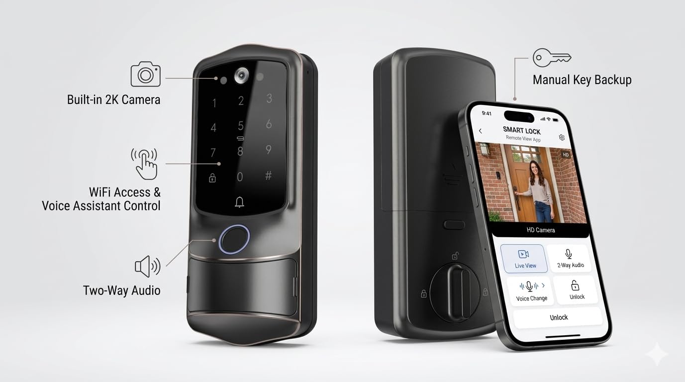 2K Camera Fingerprint Smart Door Lock (WiFi App, Video Doorbell, Airbnb Use)