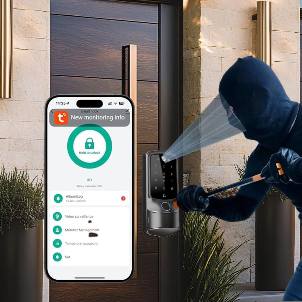 2K Camera Fingerprint Smart Door Lock (WiFi App, Video Doorbell, Airbnb Use)