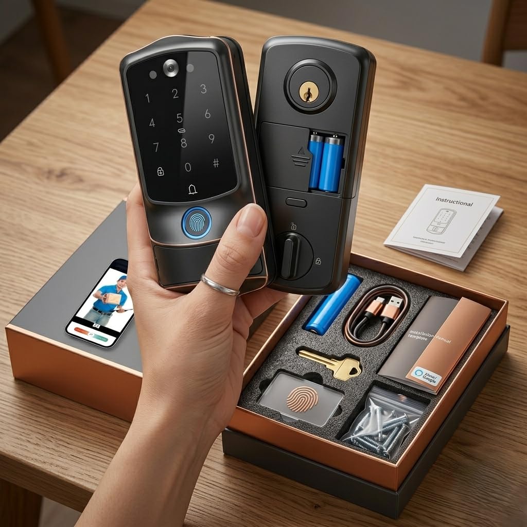 2K Camera Fingerprint Smart Door Lock (WiFi App, Video Doorbell, Airbnb Use)