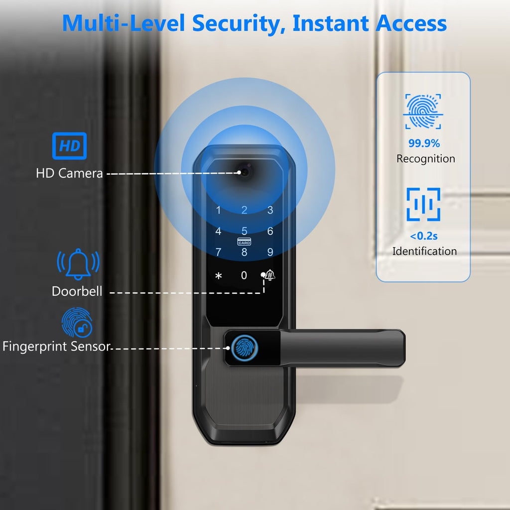 Video Smart Door Lock with Doorbell & Camera, Fingerprint Keypad Handle Lock, App Remote Keyless Entry Deadbolt for Office
