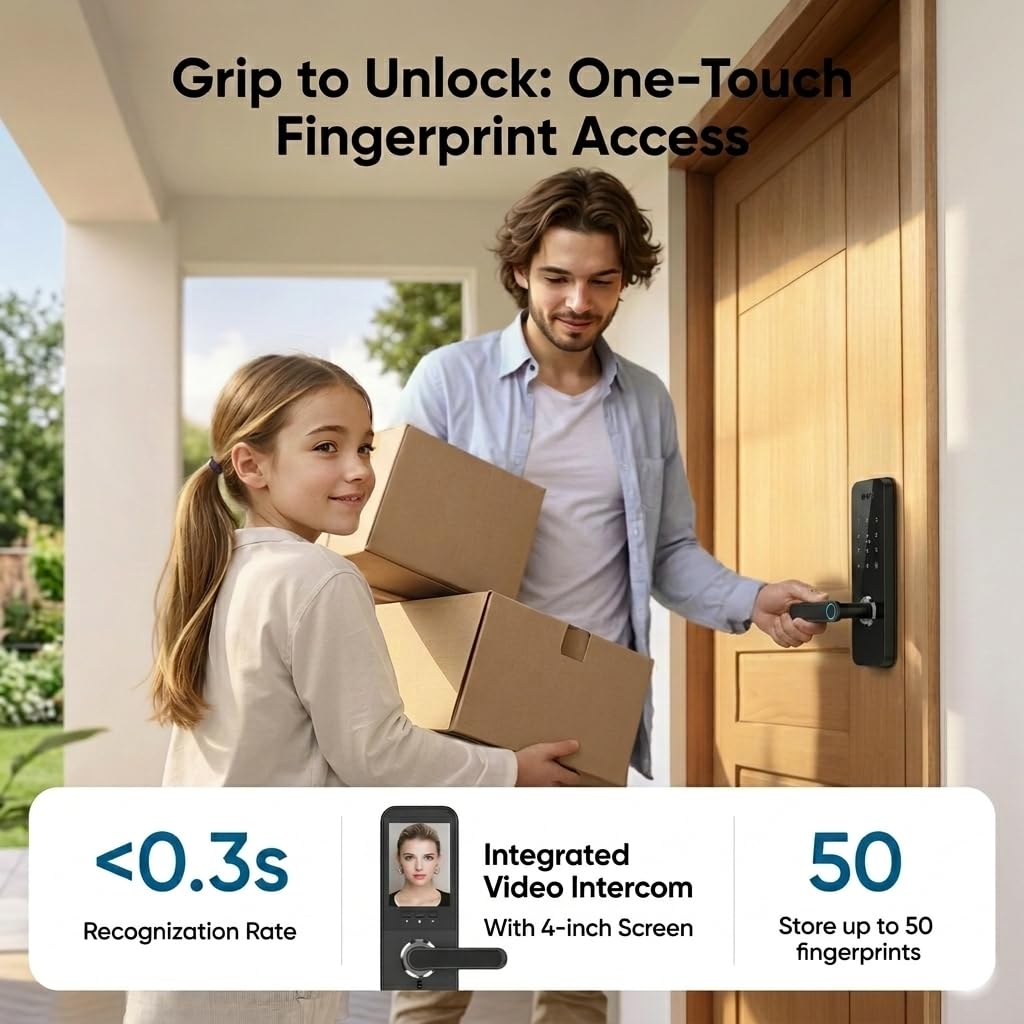 3D Face Recognition Smart Door Lock with Camera, Keyless Entry Fingerprint Passcode App Control, Auto-Lock Deadbolt