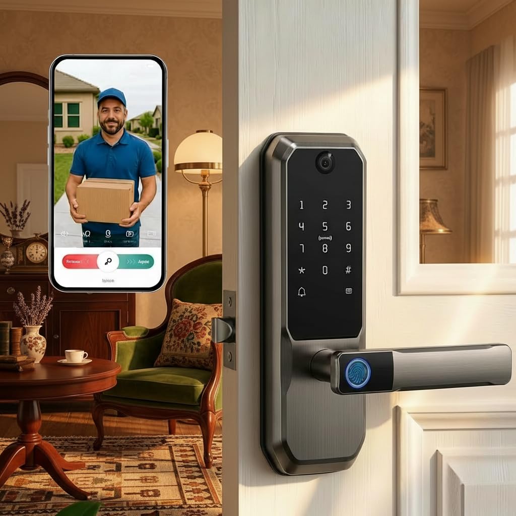 Video Smart Door Lock with Doorbell & Camera, Fingerprint Keypad Handle Lock, App Remote Keyless Entry Deadbolt for Office