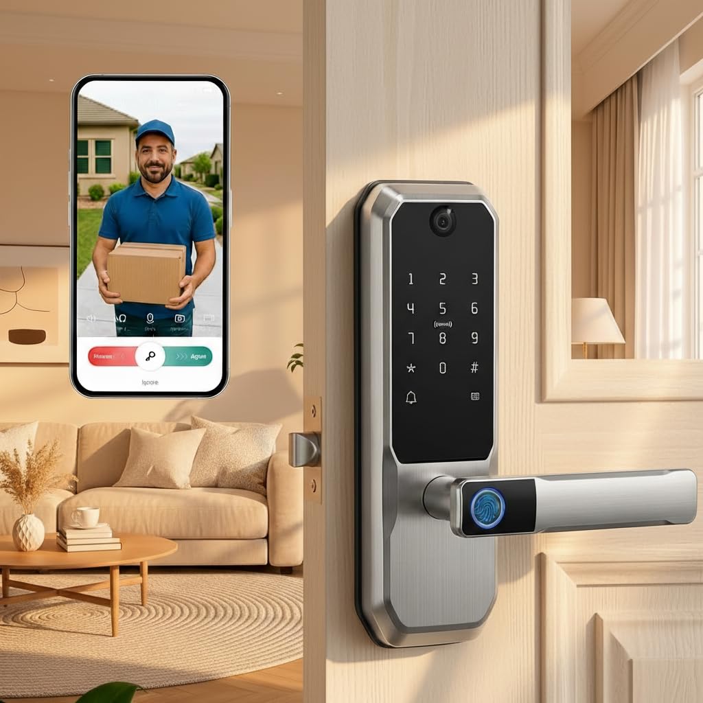 Video Smart Door Lock with Doorbell & Camera, Fingerprint Keypad Handle Lock, App Remote Keyless Entry Deadbolt for Office