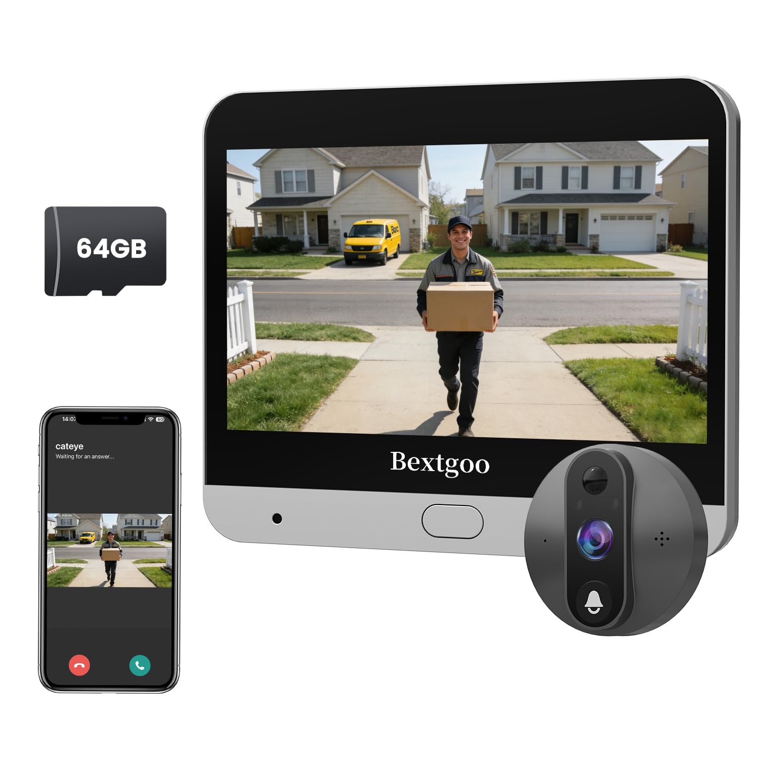 2K Peephole Doorbell Camera with 4.3” Monitor, 170° Wide Angle, Night Vision, Motion Alerts, 8000mAh Battery, 64GB SD Card