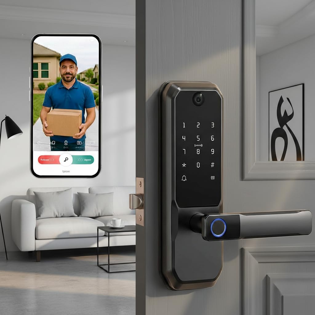Video Smart Door Lock with Doorbell & Camera, Fingerprint Keypad Handle Lock, App Remote Keyless Entry Deadbolt for Office