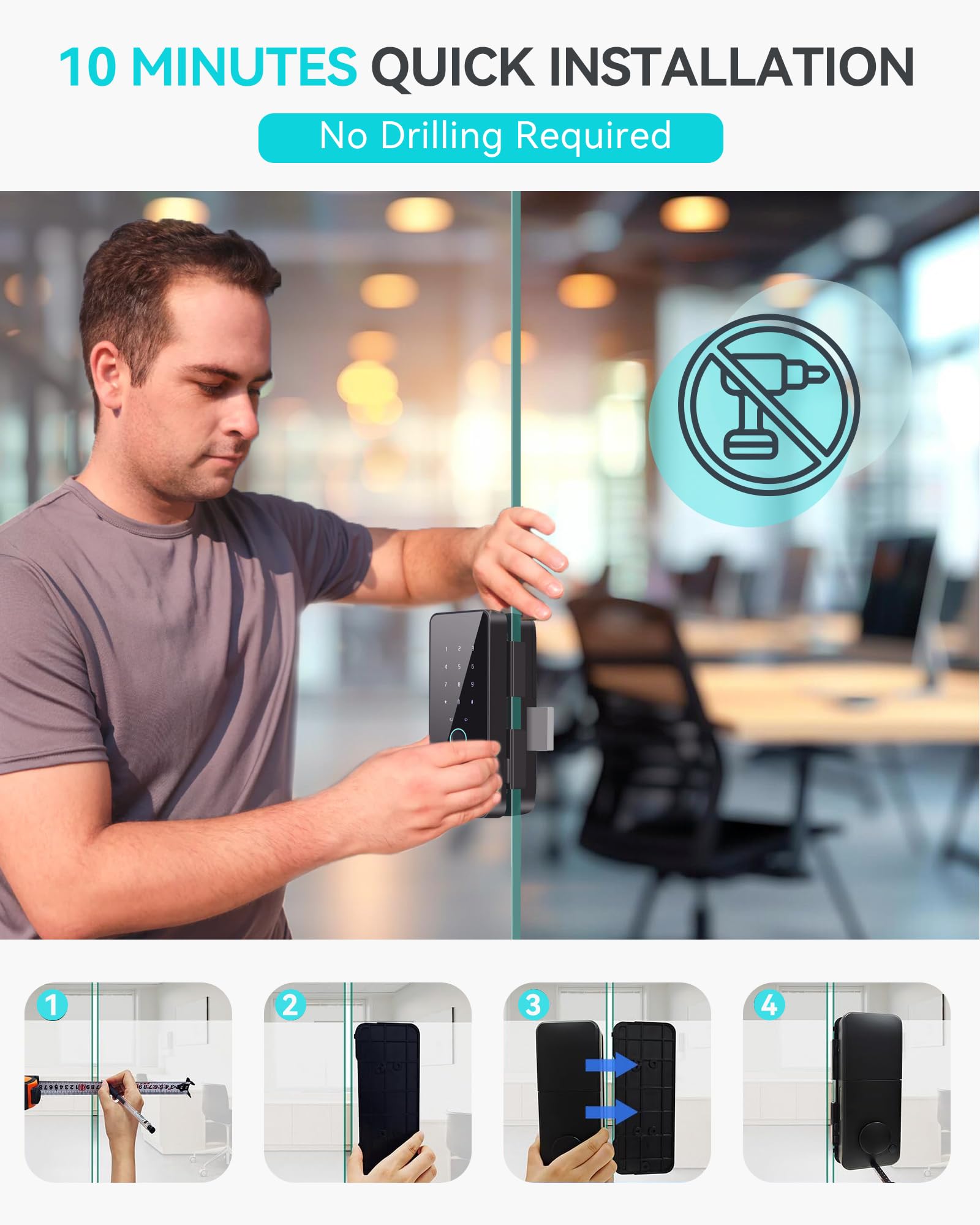 No-Drill Smart Glass Door Lock (5-in-1 Unlock: Fingerprint, App, IC Card, Password, Key)