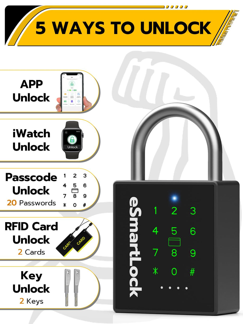 Heavy Duty Smart Padlock with Key Code & RFID, Biometric Keyless Lock for Gate, Shed, Fence, Garage & Storage Unit