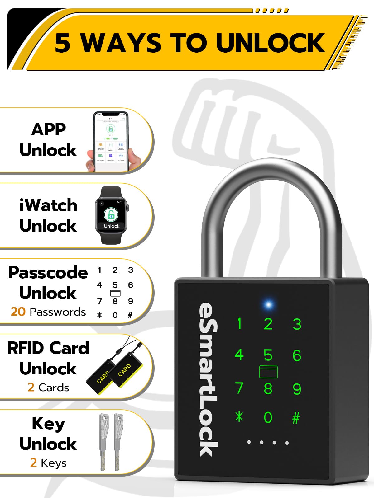 Heavy Duty Smart Padlock with Key Code & RFID, Biometric Keyless Lock for Gate, Shed, Fence, Garage & Storage Unit