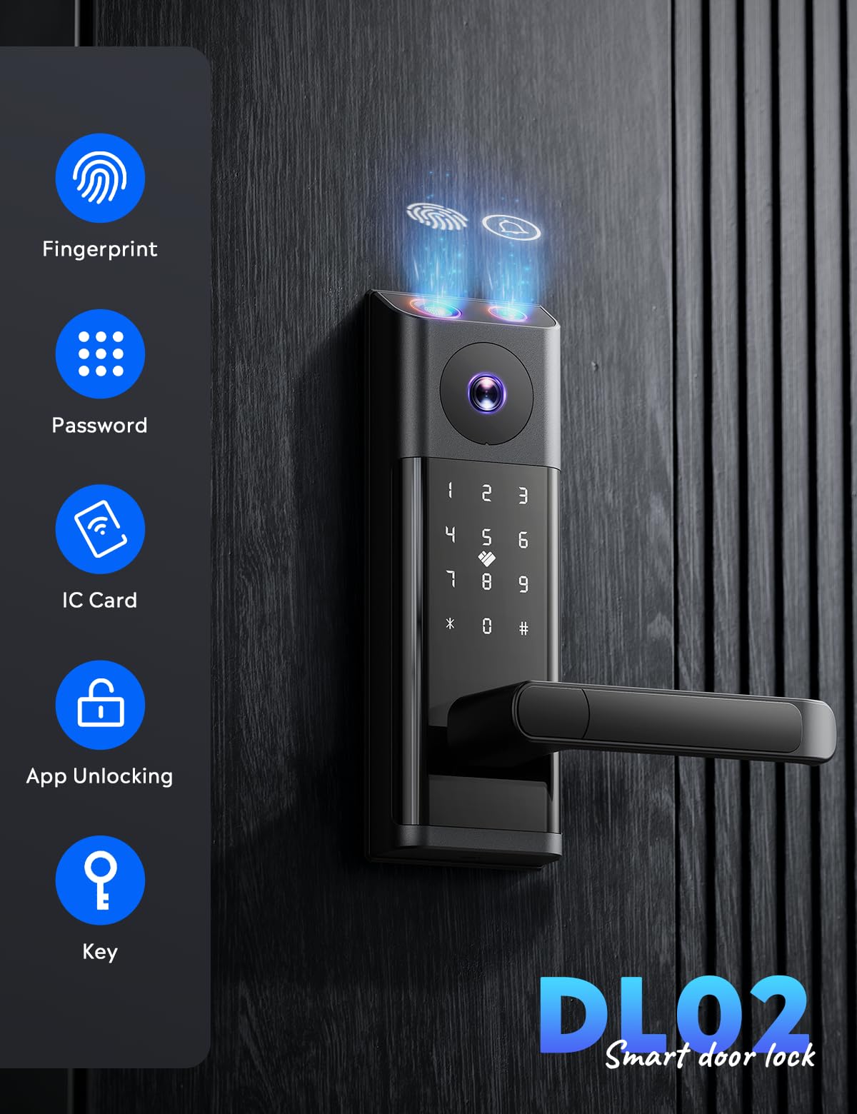 CAMCAMP WiFi Video Smart Lock with Camera & Doorbell, Keyless Entry Door Lock with Handle for Front Door, Five Ways to Unlock Fingerprint, App, Key, Fob, Keypad, Auto Lock, Easy to Install