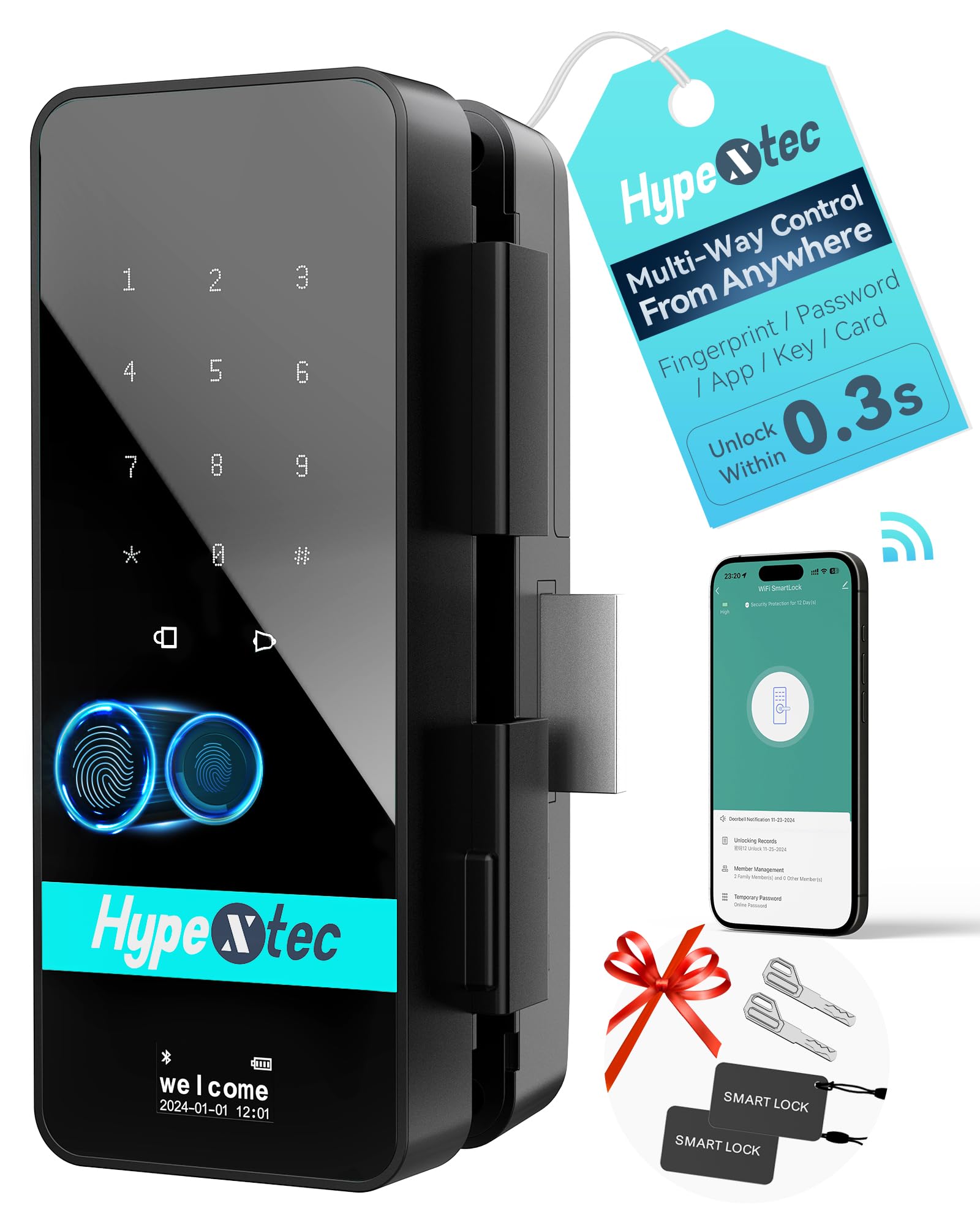 No-Drill Smart Glass Door Lock (5-in-1 Unlock: Fingerprint, App, IC Card, Password, Key)