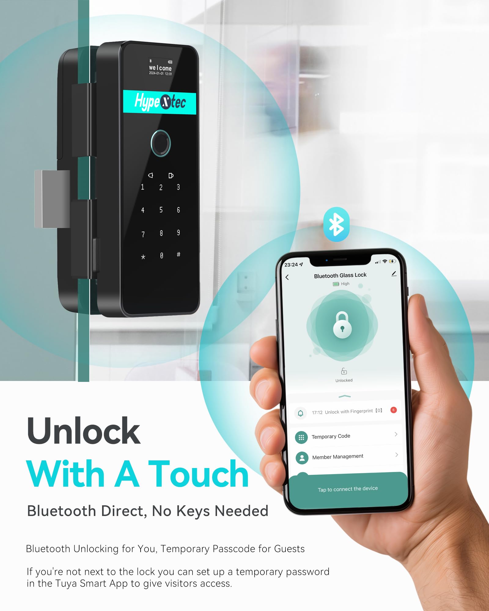 No-Drill Smart Glass Door Lock (5-in-1 Unlock: Fingerprint, App, IC Card, Password, Key)