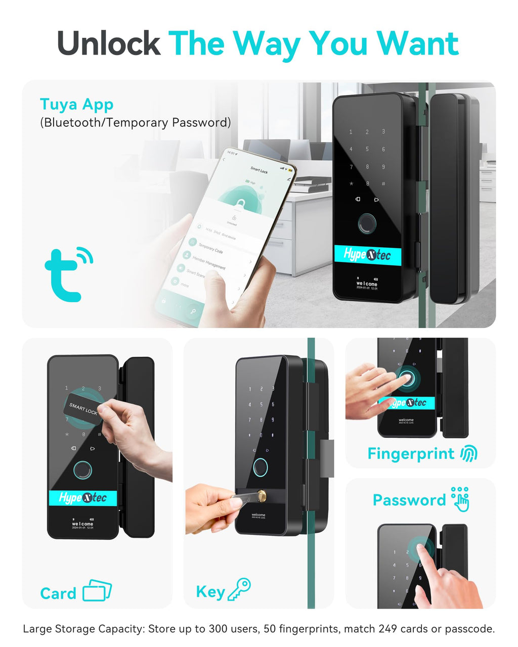 No-Drill Smart Glass Door Lock (5-in-1 Unlock: Fingerprint, App, IC Card, Password, Key)