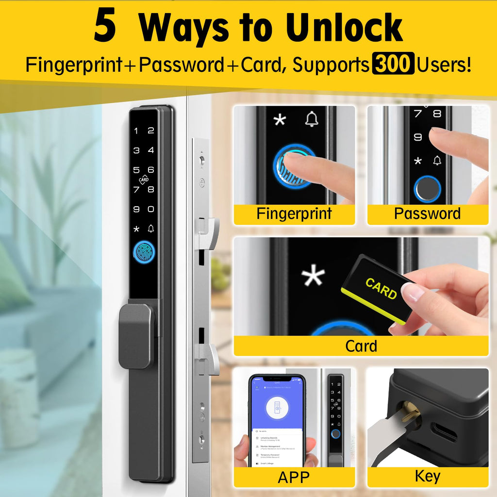 Sliding Glass Door Smart Lock (Fingerprint RFID Keypad App Control Handle Lock)