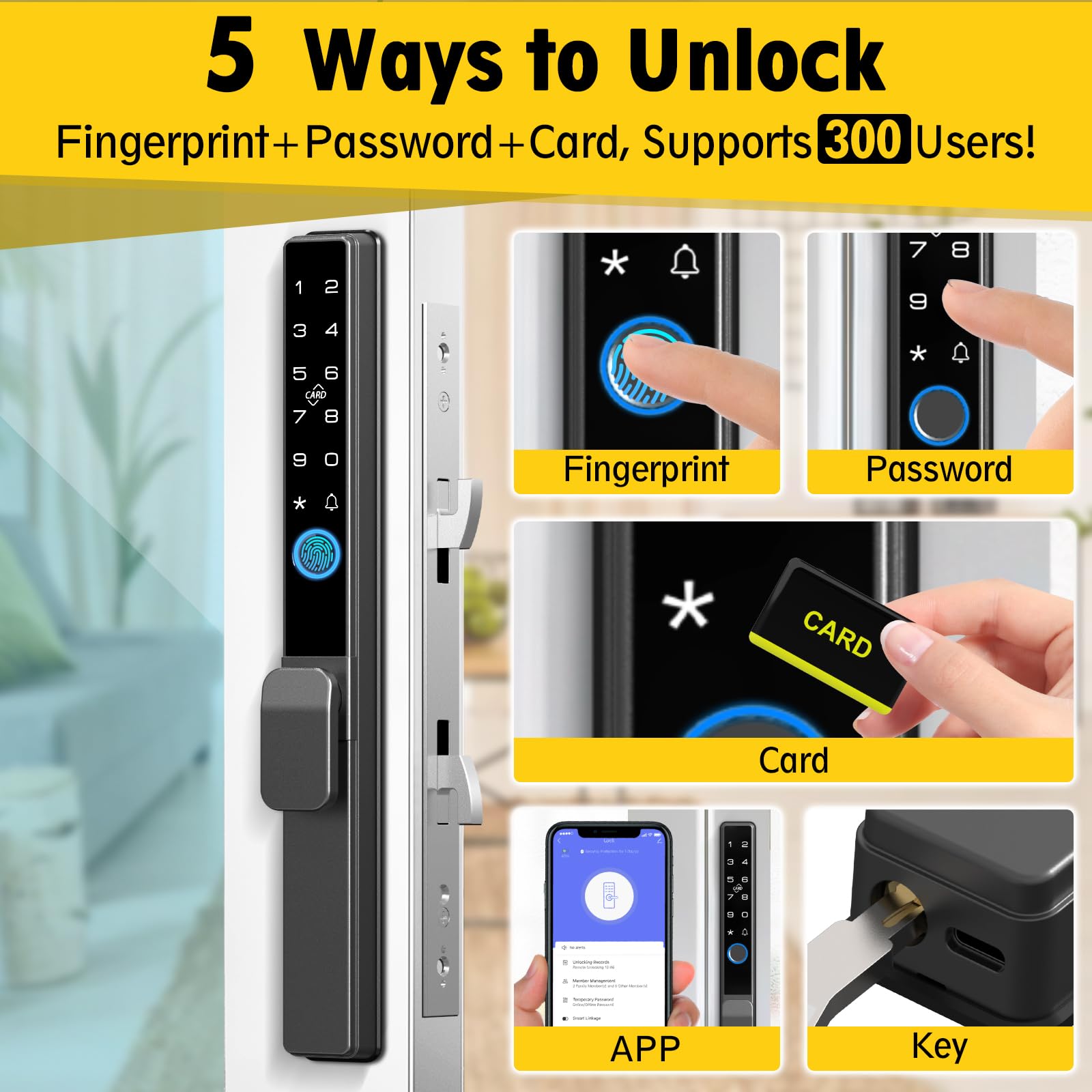 Sliding Glass Door Smart Lock (Fingerprint RFID Keypad App Control Handle Lock)