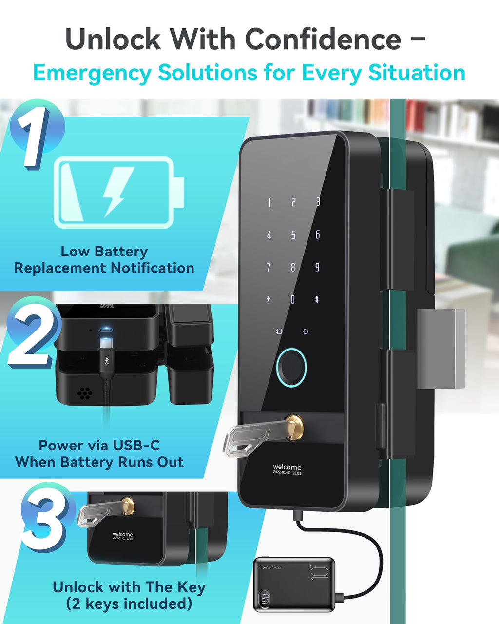 No-Drill Smart Glass Door Lock (5-in-1 Unlock: Fingerprint, App, IC Card, Password, Key)