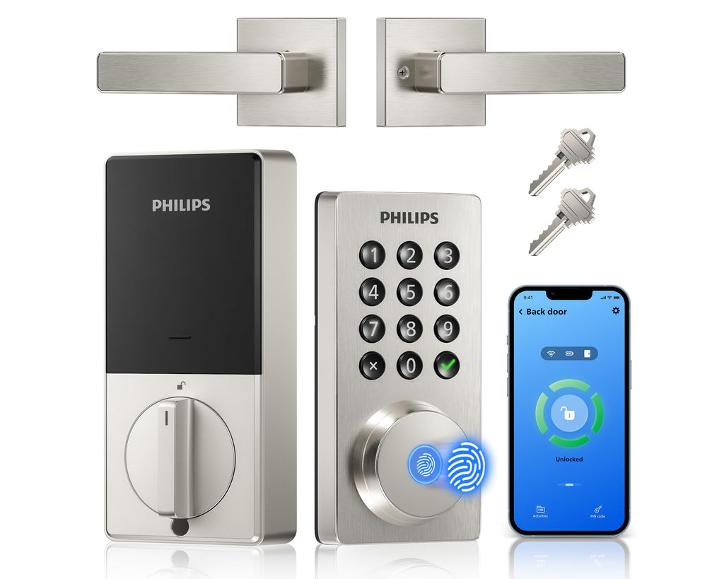 Philips WiFi Keypad Door Lock with Handle, Built-in WiFi, APP Remote Control, Voice & Fingerprint Unlock, Smart Locks for Front Door with Auto Lock, Digital Front Door Lock Set, Keyless Entry Deadbolt