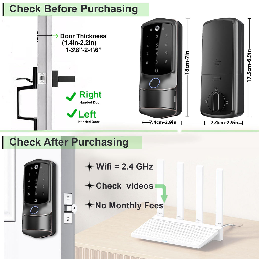 2K Camera Fingerprint Smart Door Lock (WiFi App, Video Doorbell, Airbnb Use)