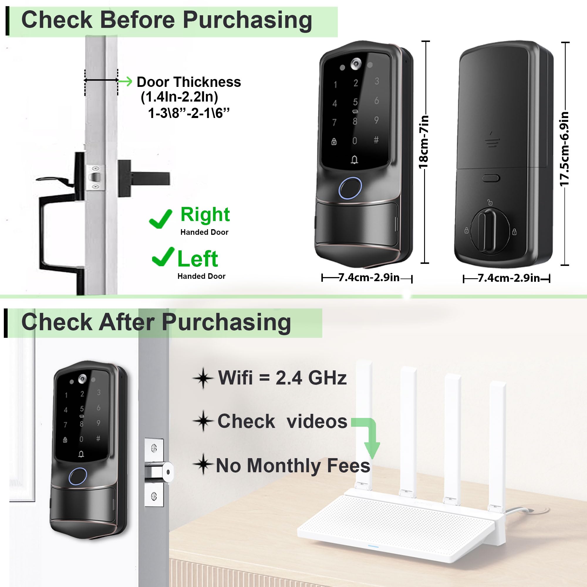 2K Camera Fingerprint Smart Door Lock (WiFi App, Video Doorbell, Airbnb Use)