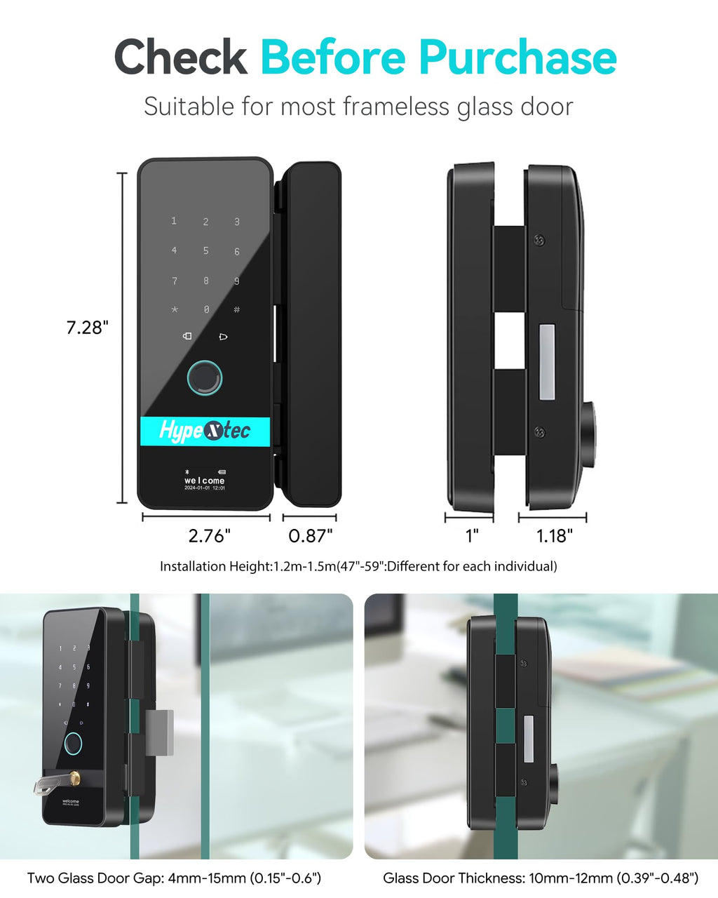 No-Drill Smart Glass Door Lock (5-in-1 Unlock: Fingerprint, App, IC Card, Password, Key)
