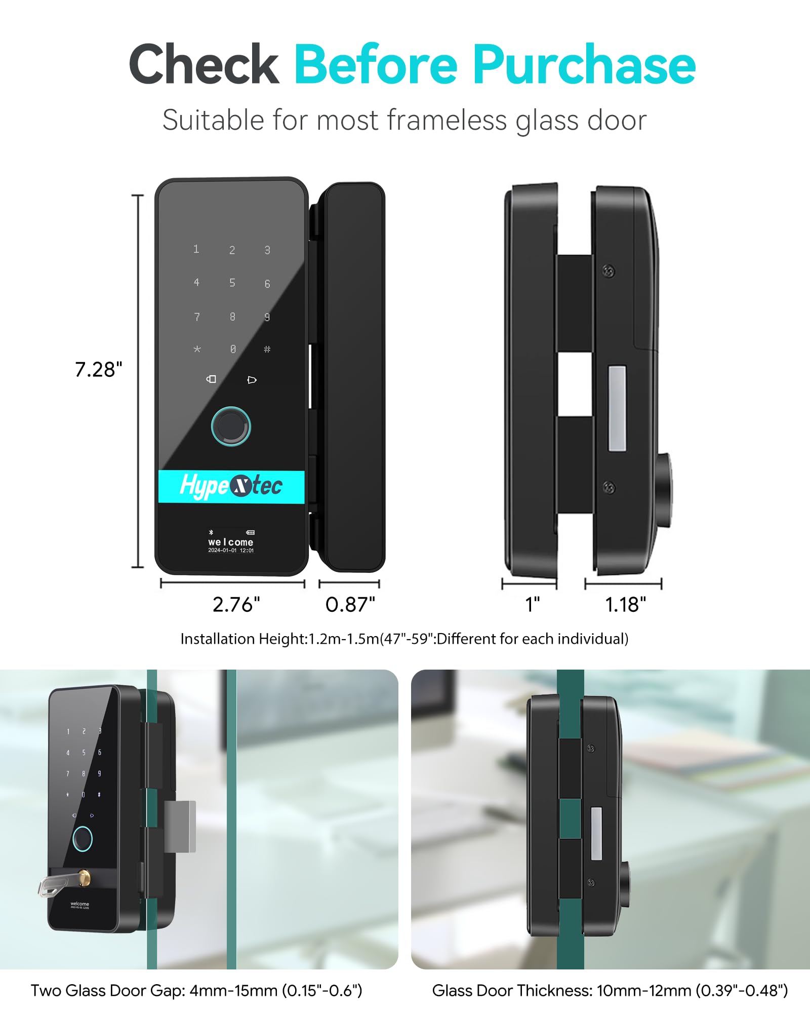 No-Drill Smart Glass Door Lock (5-in-1 Unlock: Fingerprint, App, IC Card, Password, Key)