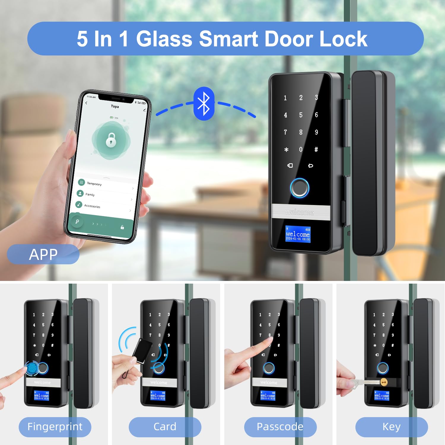 Smart Glass Door Fingerprint Keypad Lock (App Control, Sliding Door Use)