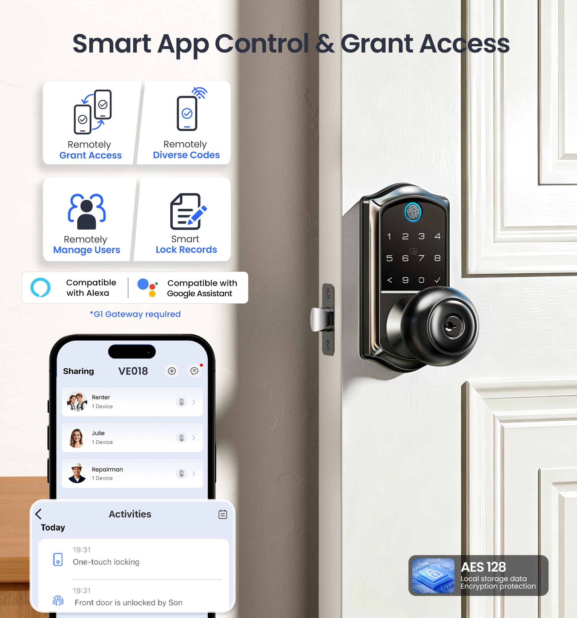 Fingerprint Smart Knob Handle Lock (App Control, Weatherproof)