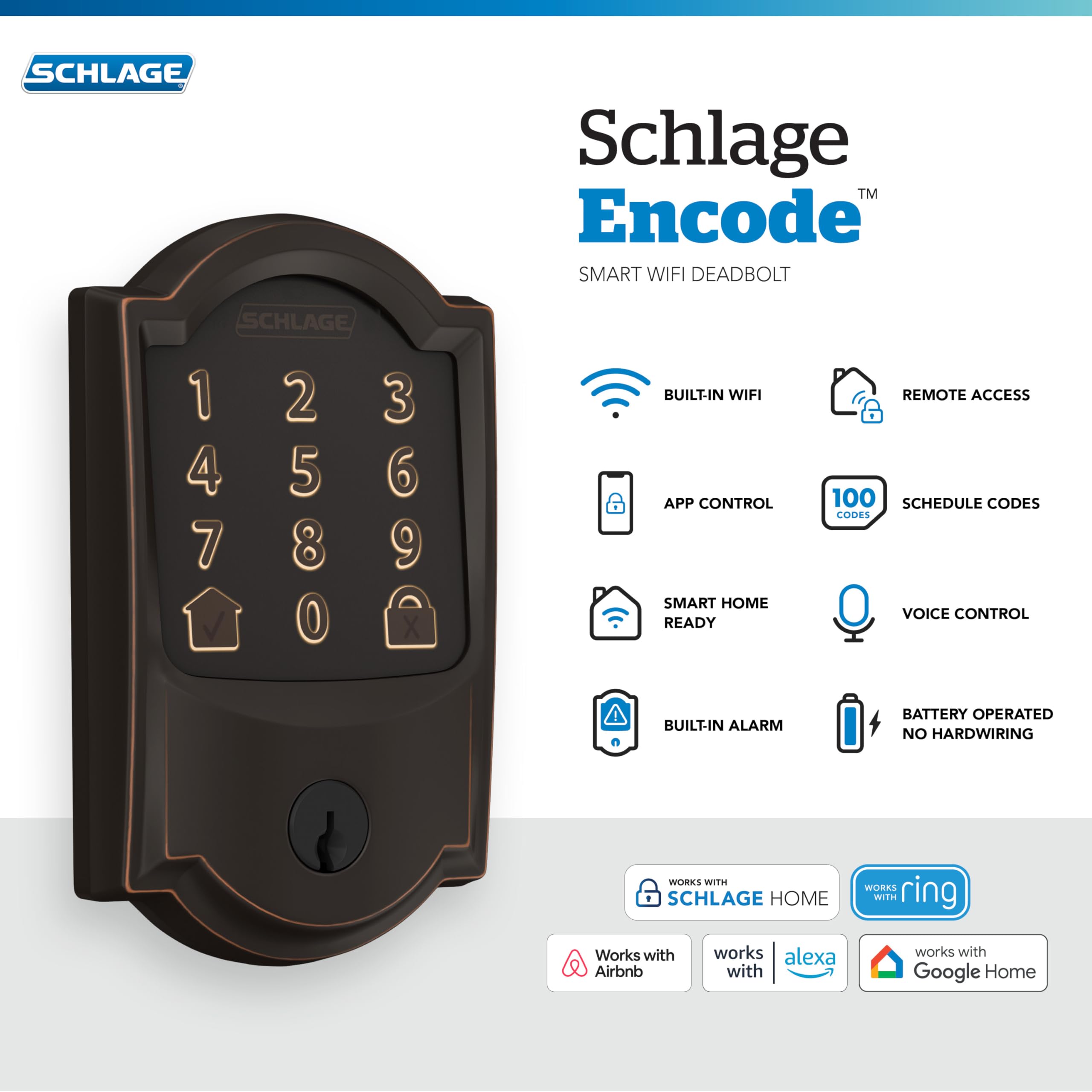 Smart WiFi Deadbolt Lock with Touchscreen Keypad, Keyless Entry, App Control, Alexa & Google Home Compatible