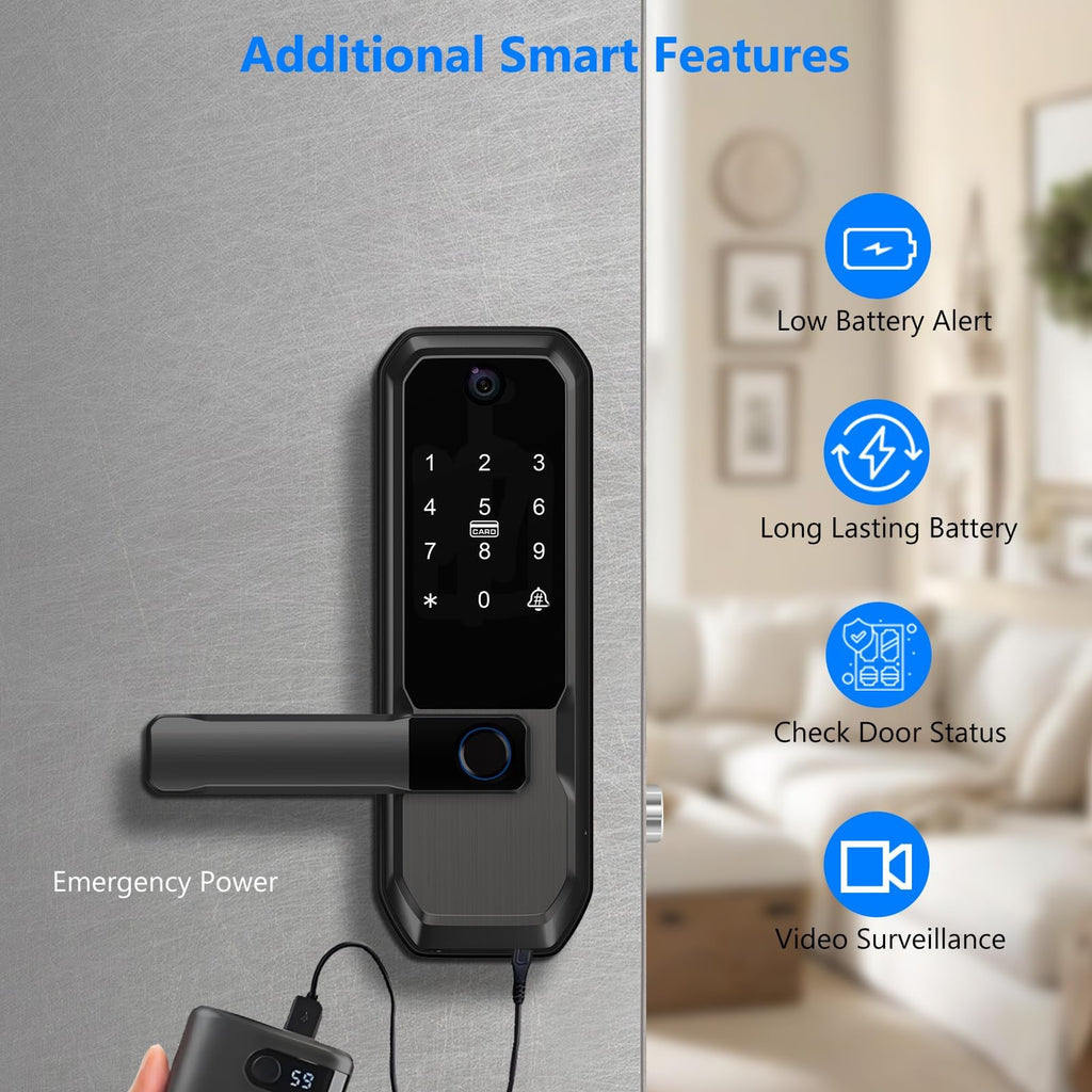 Video Smart Door Lock with Doorbell & Camera, Fingerprint Keypad Handle Lock, App Remote Keyless Entry Deadbolt for Office