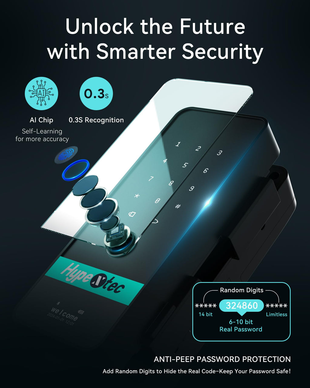 No-Drill Smart Glass Door Lock (5-in-1 Unlock: Fingerprint, App, IC Card, Password, Key)