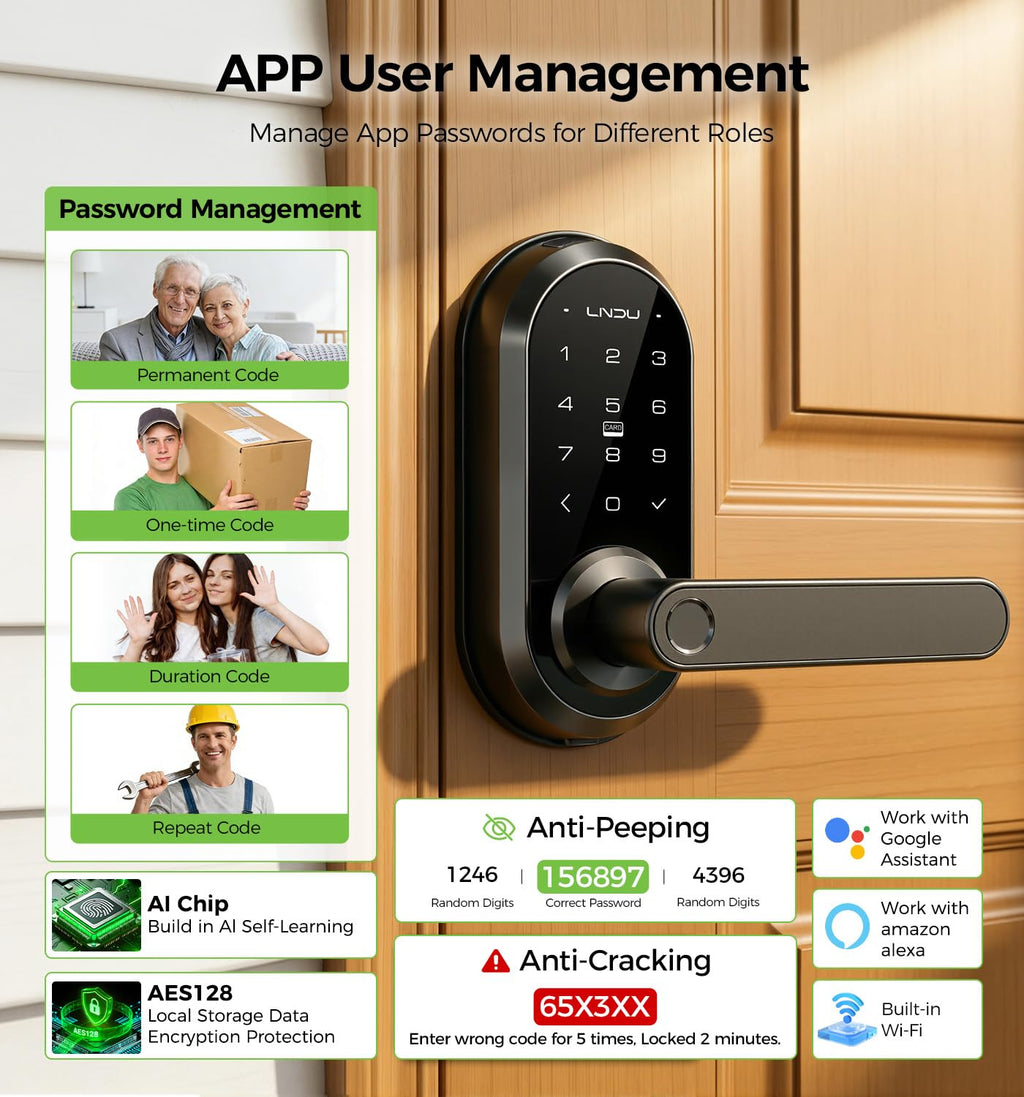 WiFi Keypad Handle Smart Door Lock with Fingerprint & Voice Control