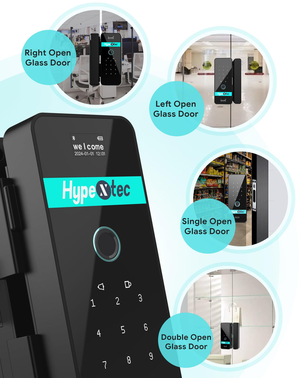 No-Drill Smart Glass Door Lock (5-in-1 Unlock: Fingerprint, App, IC Card, Password, Key)