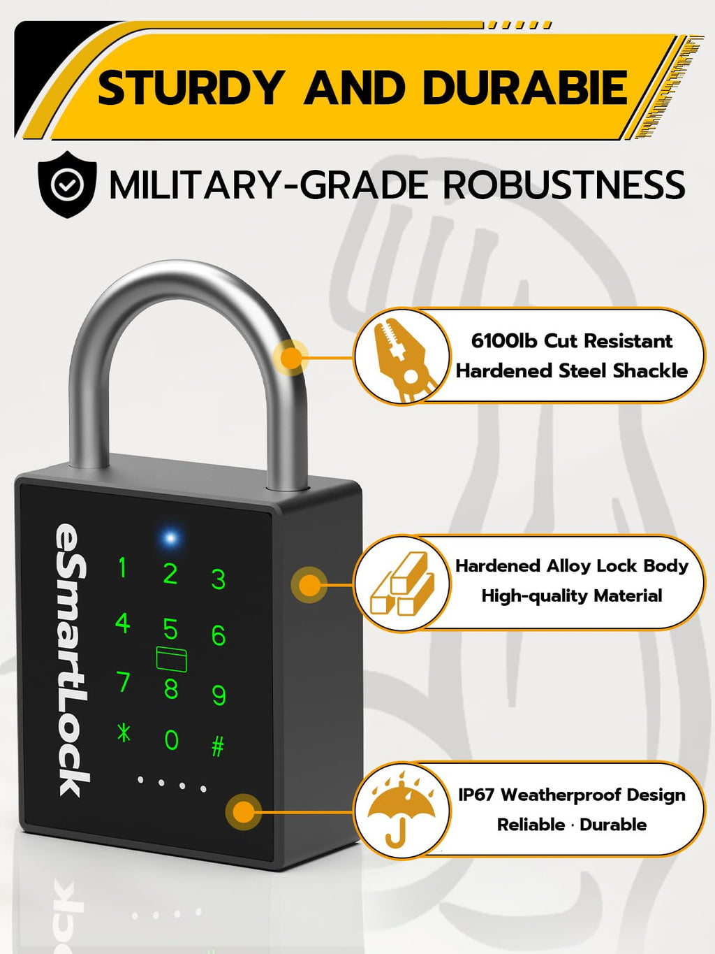 Heavy Duty Smart Padlock with Key Code & RFID, Biometric Keyless Lock for Gate, Shed, Fence, Garage & Storage Unit