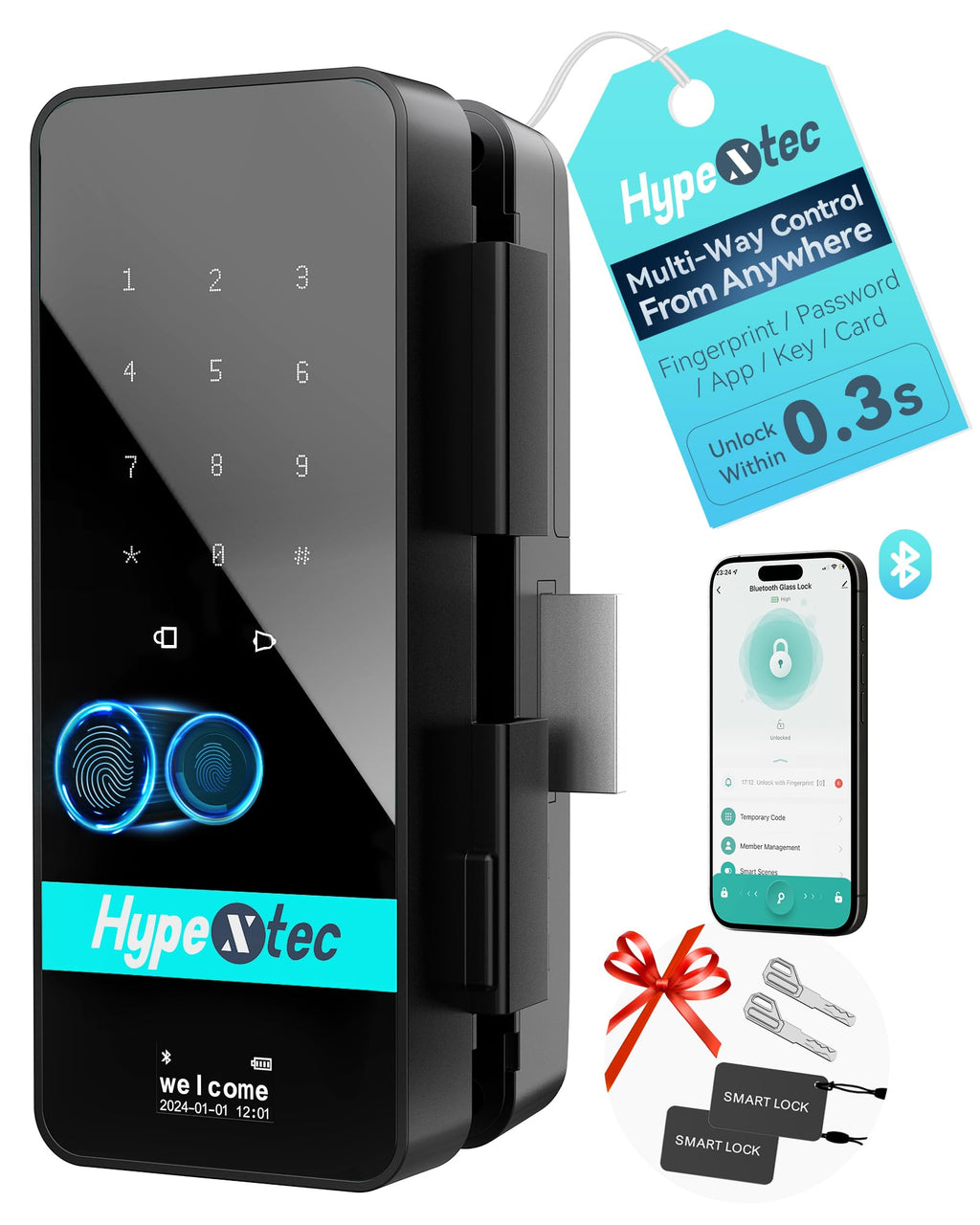 No-Drill Smart Glass Door Lock (5-in-1 Unlock: Fingerprint, App, IC Card, Password, Key)