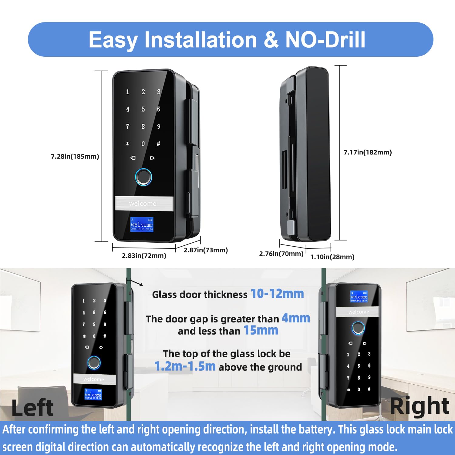 Smart Glass Door Fingerprint Keypad Lock (App Control, Sliding Door Use)