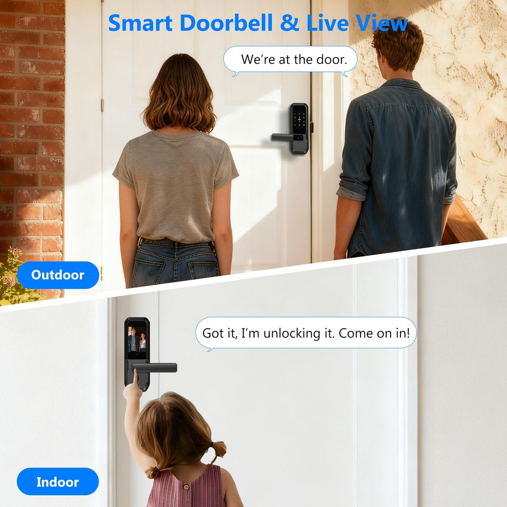 Video Smart Door Lock with Doorbell & Camera, Fingerprint Keypad Handle Lock, App Remote Keyless Entry Deadbolt for Office