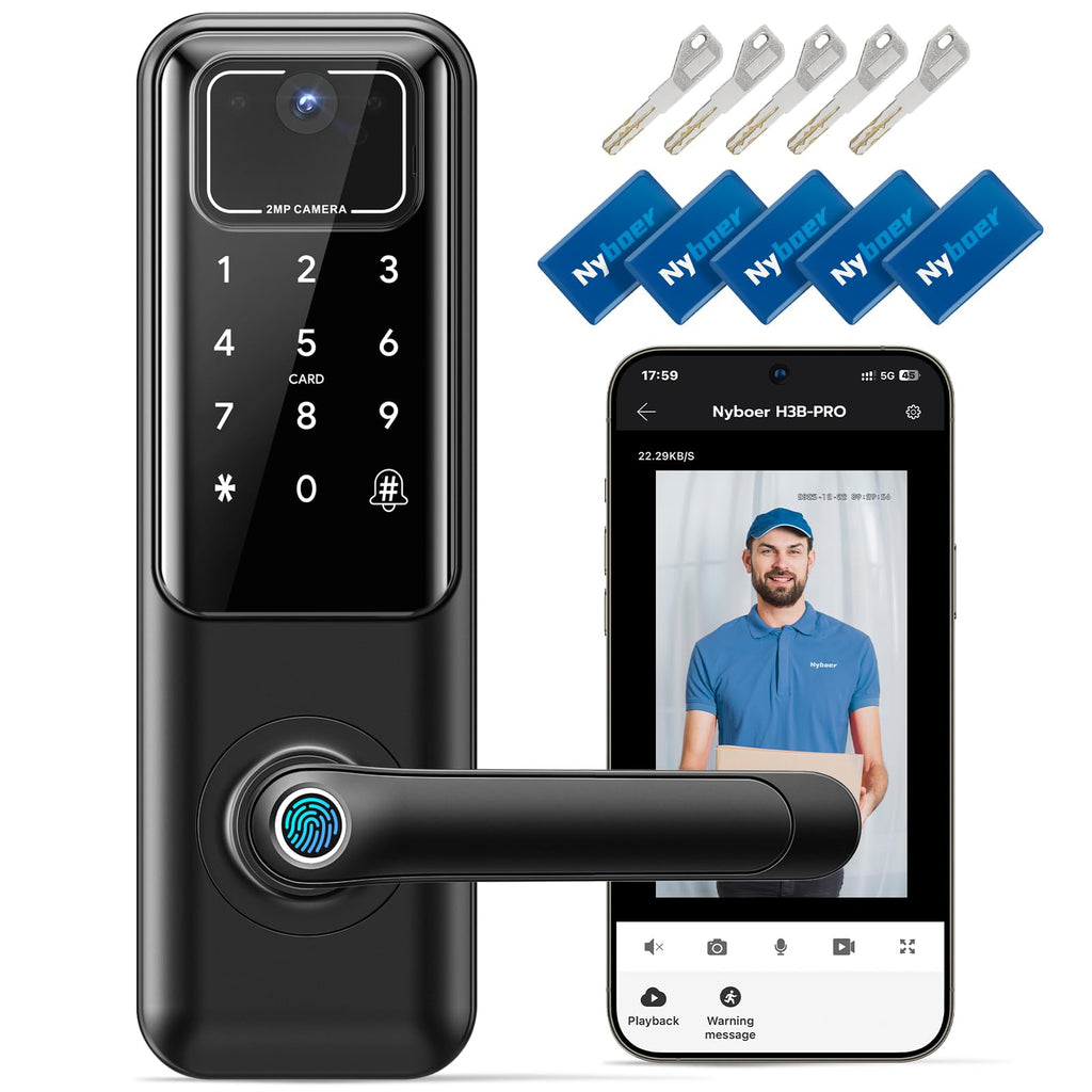 Smart Door Lock with Handle & Camera, WiFi Fingerprint Keyless Entry, Digital Keypad Passcode Lock