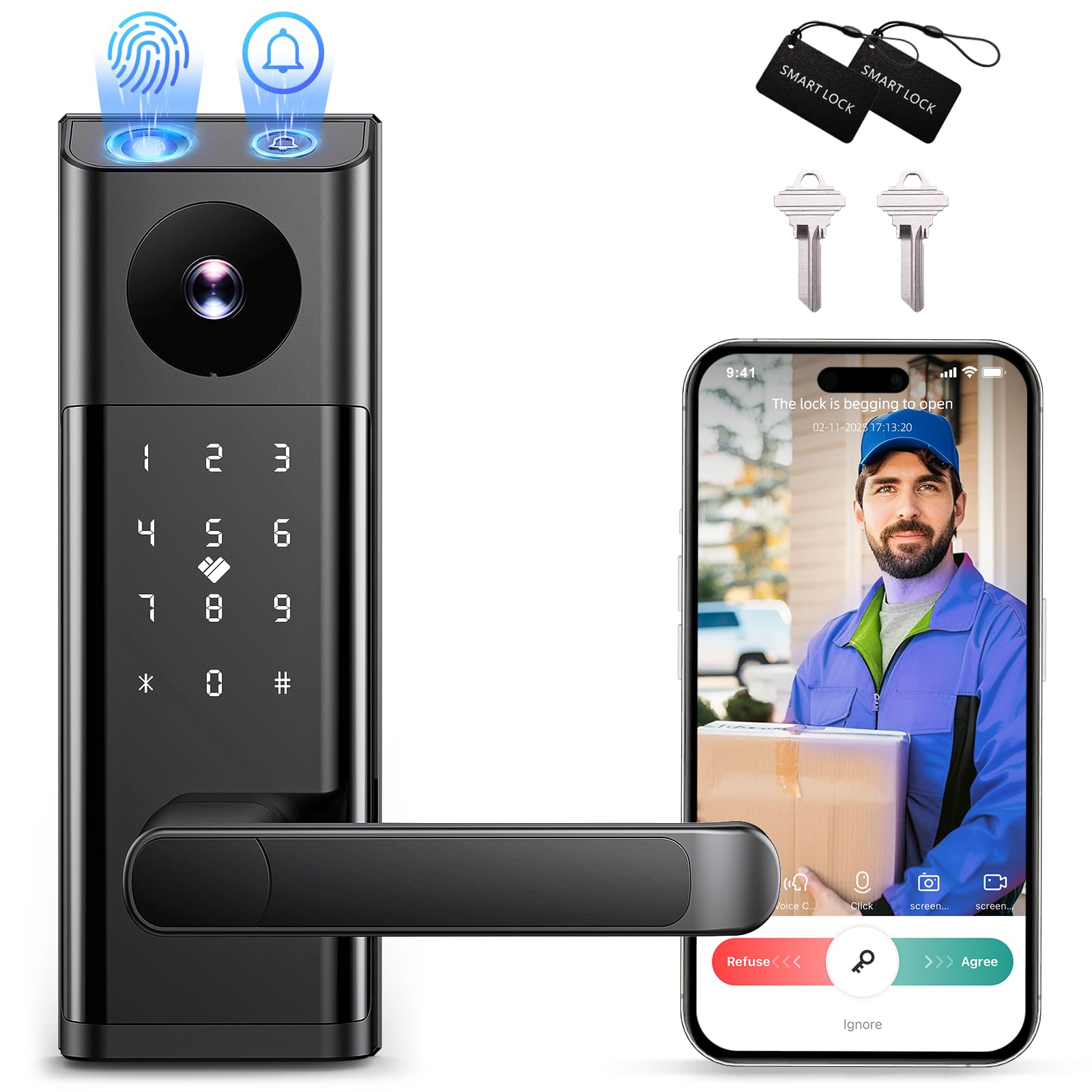 CAMCAMP WiFi Video Smart Lock with Camera & Doorbell, Keyless Entry Door Lock with Handle for Front Door, Five Ways to Unlock Fingerprint, App, Key, Fob, Keypad, Auto Lock, Easy to Install