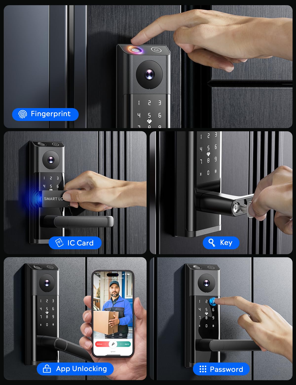 CAMCAMP WiFi Video Smart Lock with Camera & Doorbell, Keyless Entry Door Lock with Handle for Front Door, Five Ways to Unlock Fingerprint, App, Key, Fob, Keypad, Auto Lock, Easy to Install