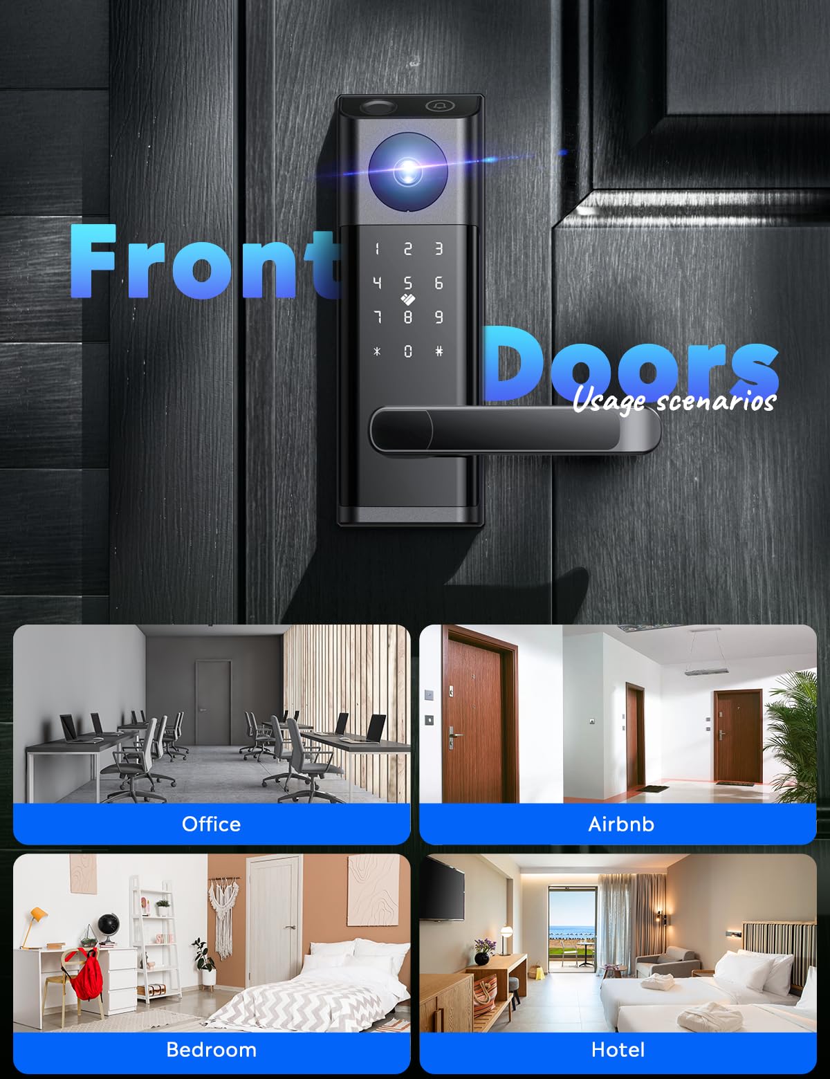 CAMCAMP WiFi Video Smart Lock with Camera & Doorbell, Keyless Entry Door Lock with Handle for Front Door, Five Ways to Unlock Fingerprint, App, Key, Fob, Keypad, Auto Lock, Easy to Install