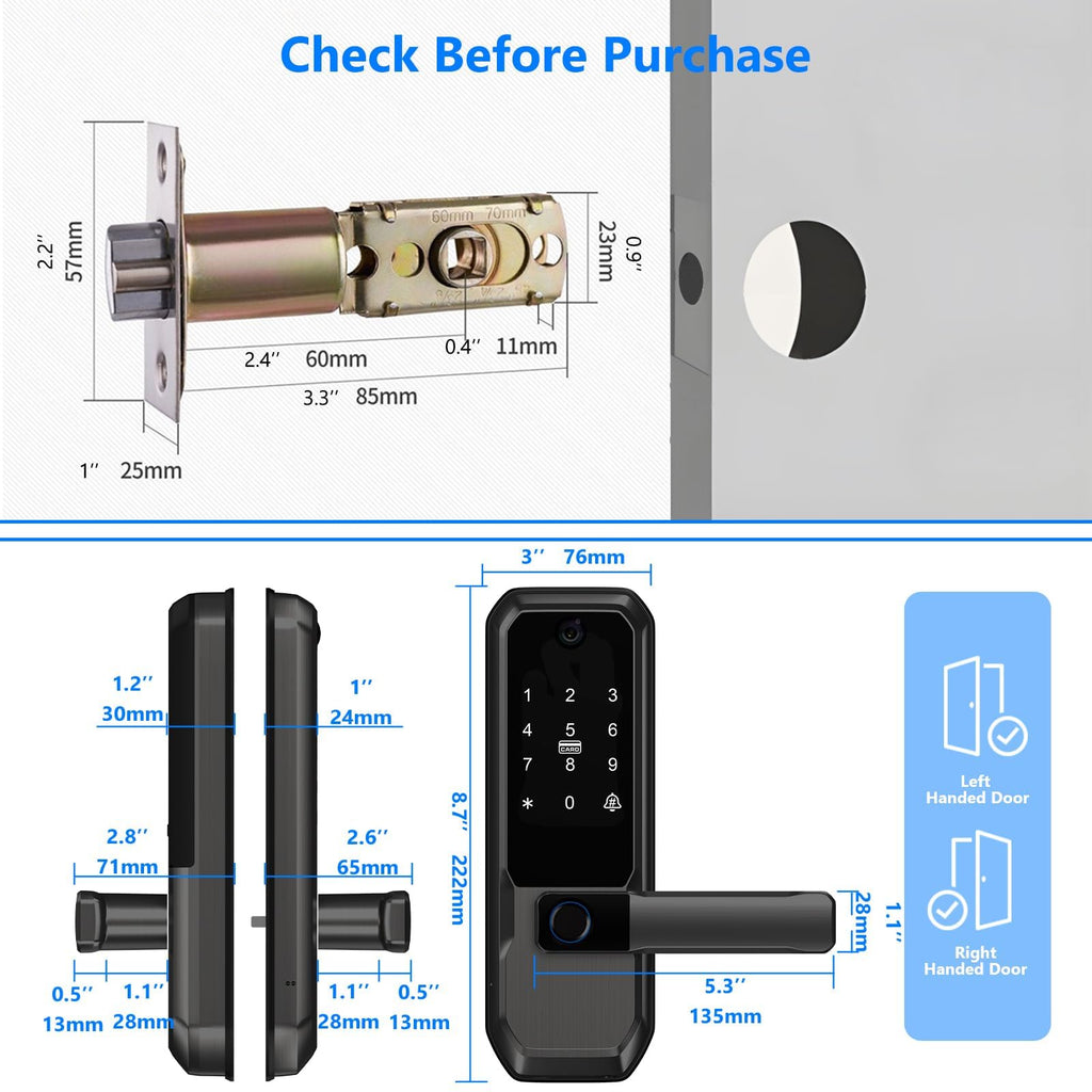 Video Smart Door Lock with Doorbell & Camera, Fingerprint Keypad Handle Lock, App Remote Keyless Entry Deadbolt for Office